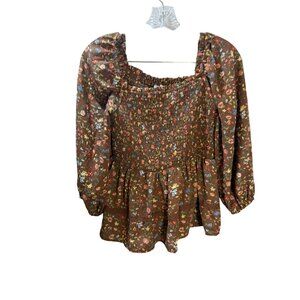 Floral Smocked Peasant Blouse With Square‎ Neckline By Mine L